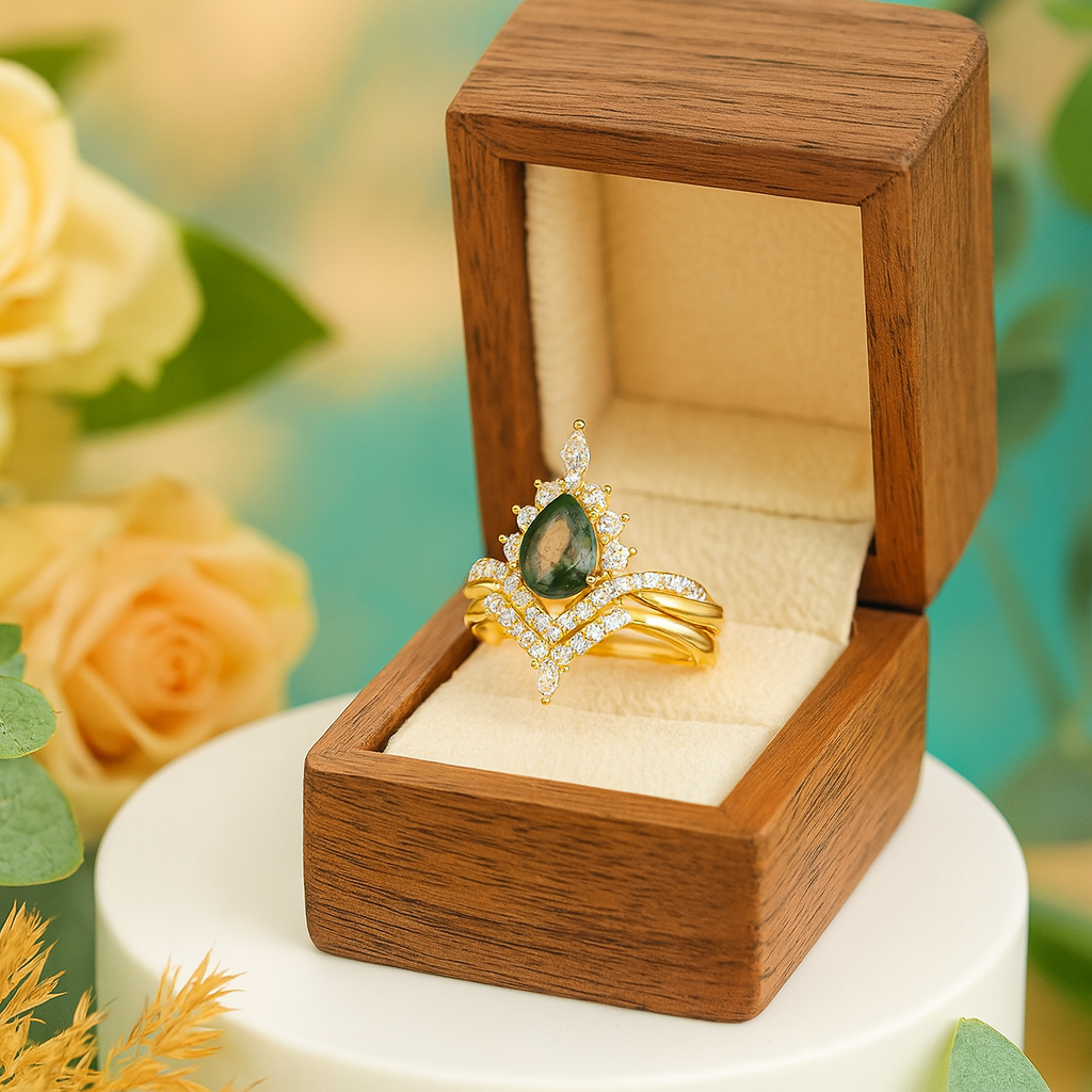 Happy Ever After – Pear Cut Moss Agate & Diamond Crown Ring-Evani Jewelry