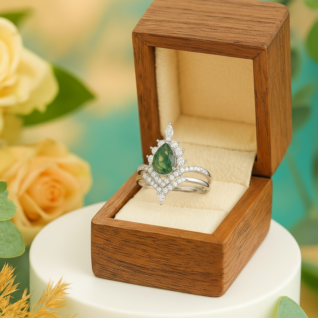 Happy Ever After – Pear Cut Moss Agate & Diamond Crown Ring-Evani Jewelry