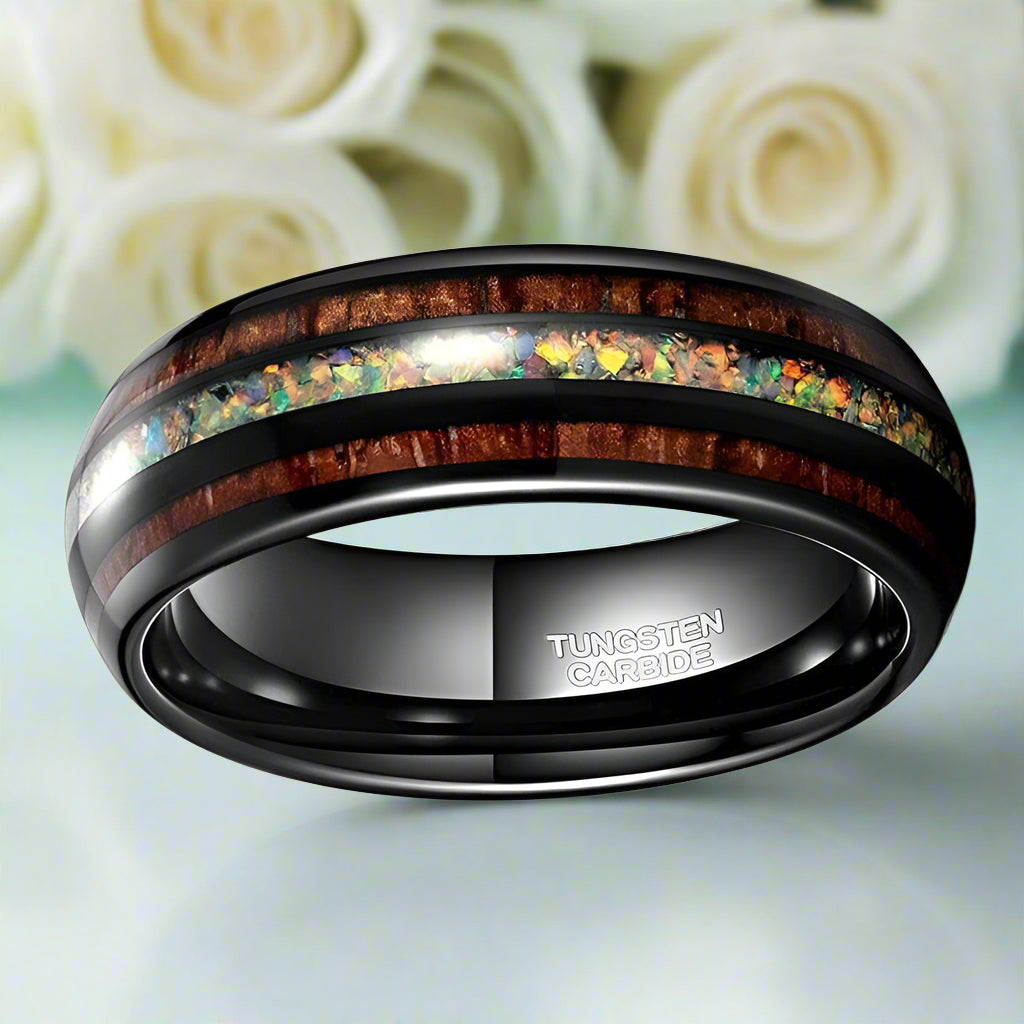 Hawaiian Koa Wood and Abalone Tungsten Men's Wedding Band-Evani Jewelry