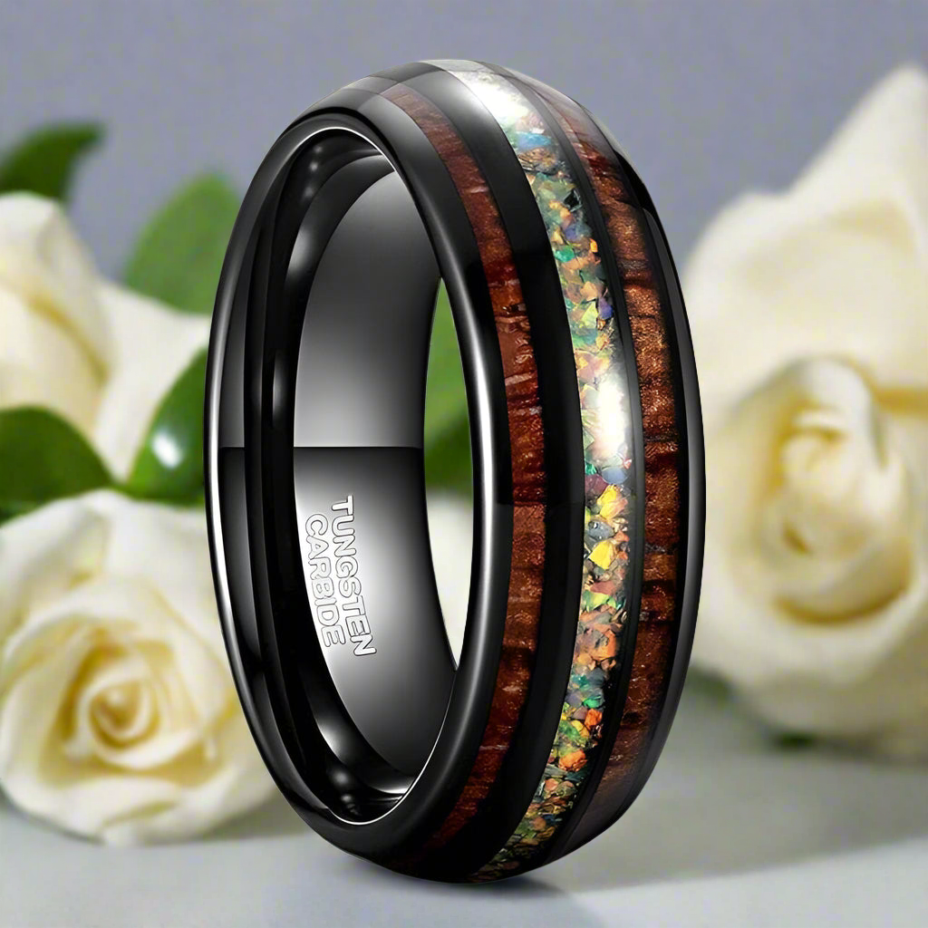 Hawaiian Koa Wood and Abalone Tungsten Men's Wedding Band-Evani Jewelry
