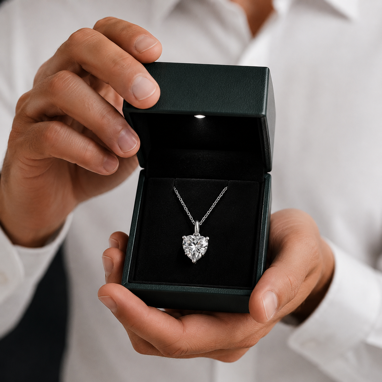 Heart-shaped diamond necklace in a black box held by a person wearing a white shirt.