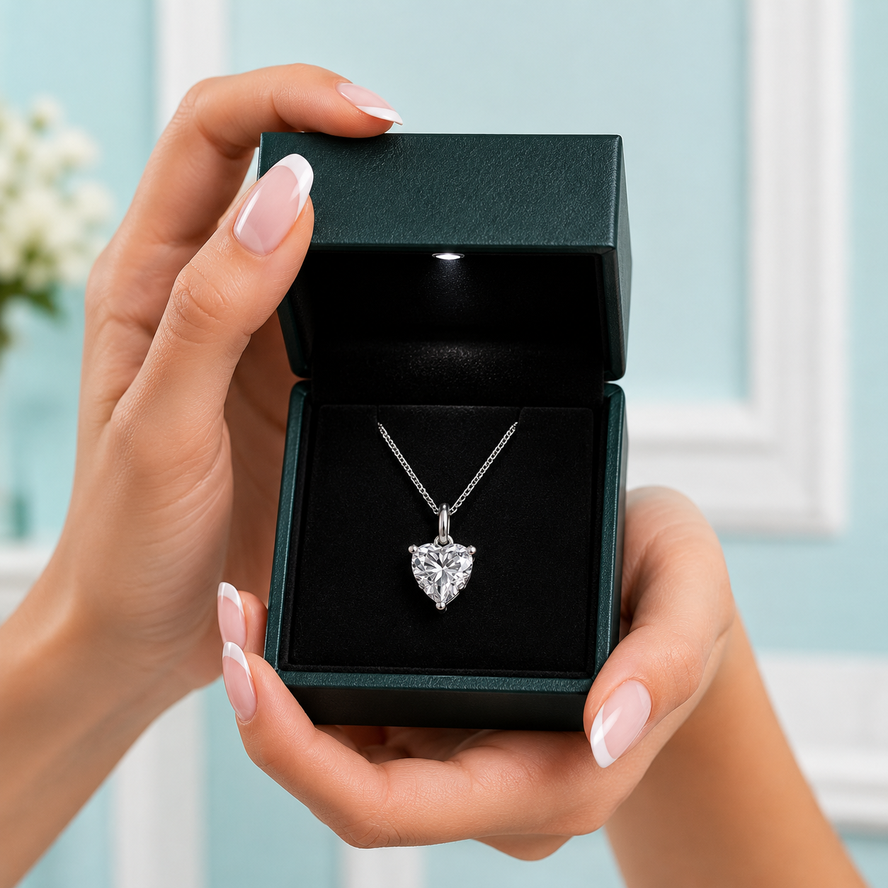 Heart-shaped diamond necklace in a black jewelry box held by hands with light pink nail polish.