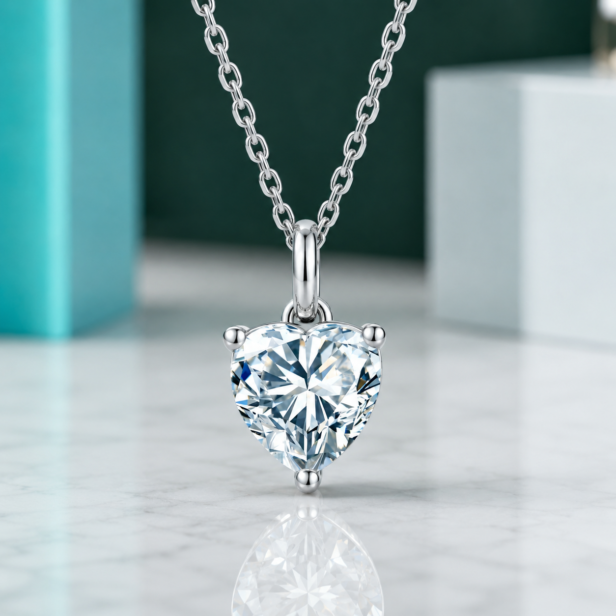 Heart-shaped diamond pendant on a silver chain with a blurred background