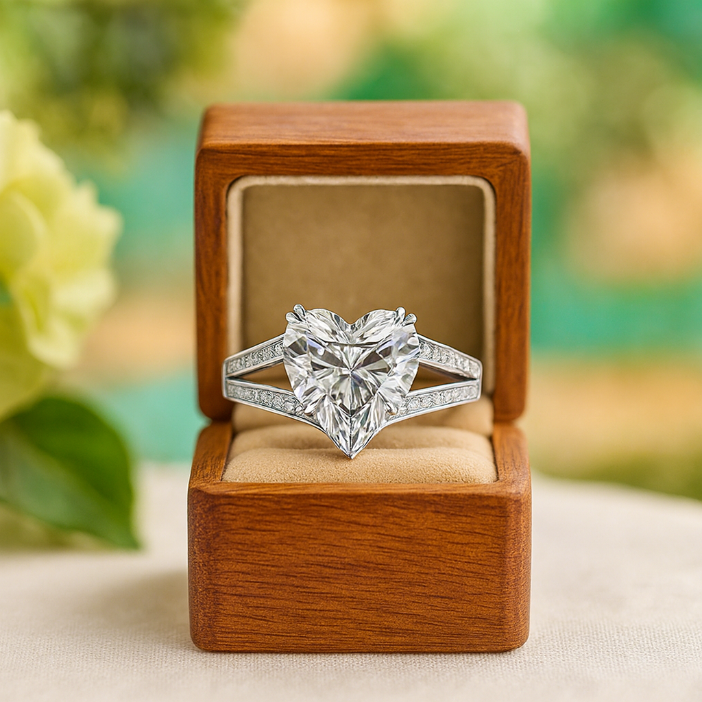 Heart-shaped diamond ring in a wooden box with a blurred floral background