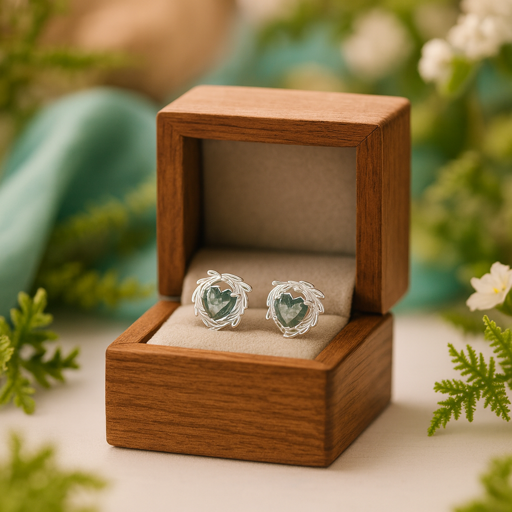 Heart-shaped earrings in a wooden box with a natural background