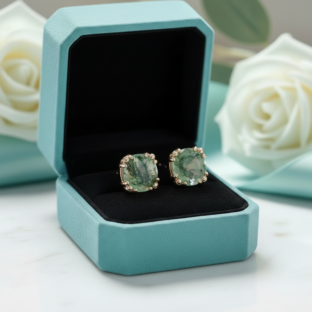 Beaded Promise- Unique Round Cut Moss Agate Claw Prongs Studs Earrings