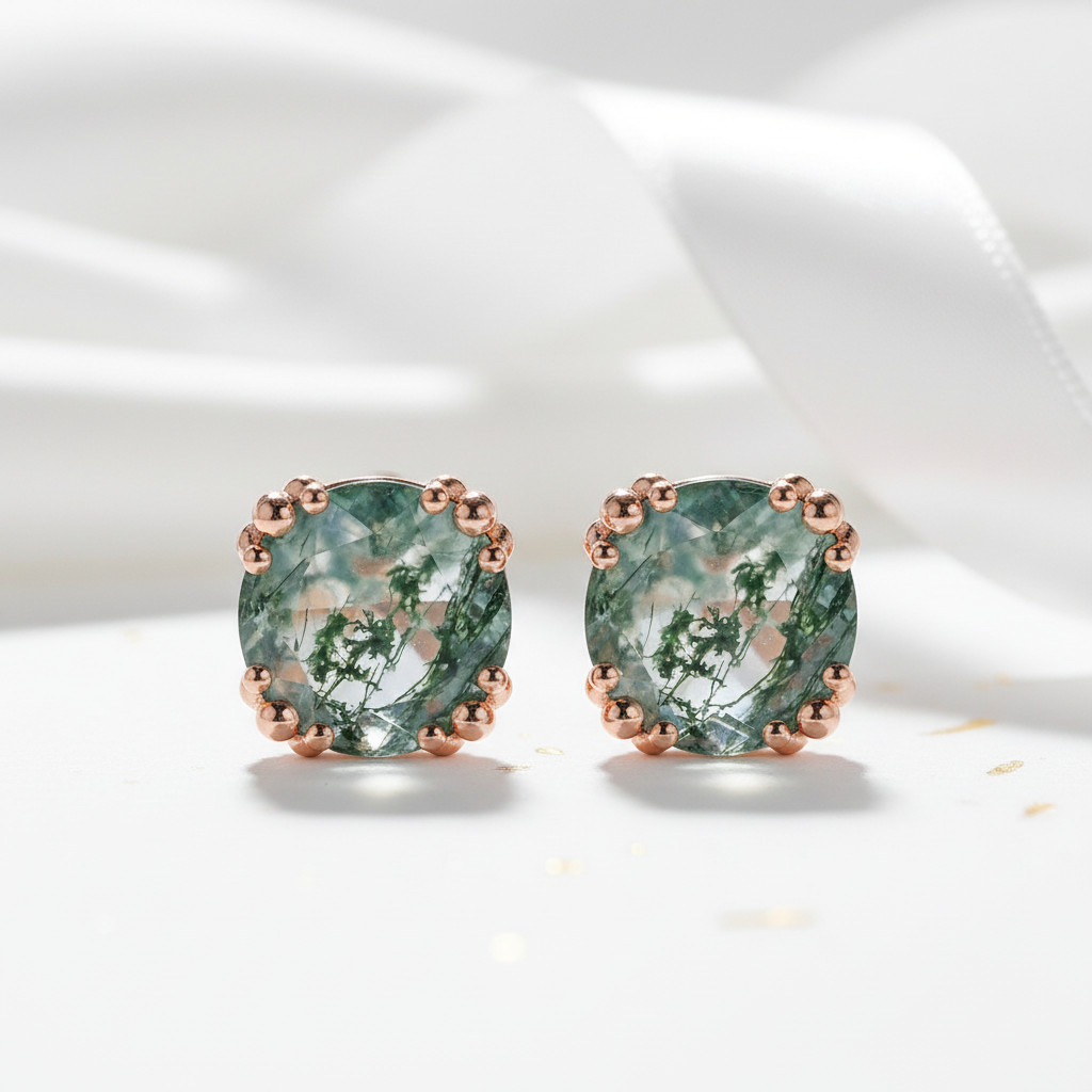 Beaded Promise- Unique Round Cut Moss Agate Claw Prongs Studs Earrings