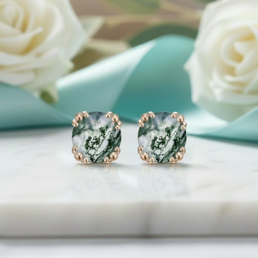 Beaded Promise- Unique Round Cut Moss Agate Claw Prongs Studs Earrings - Evani Naomi Jewelry