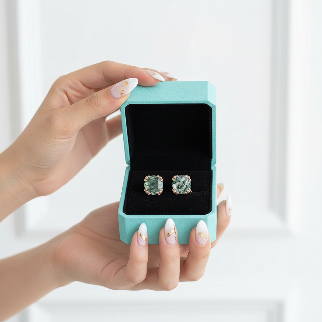 Beaded Promise- Unique Round Cut Moss Agate Claw Prongs Studs Earrings