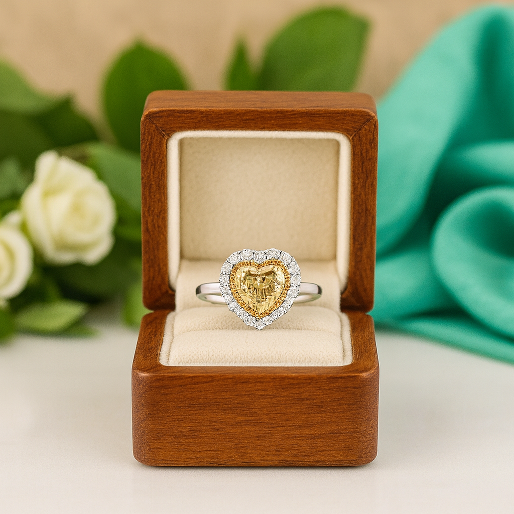 Heart-shaped gold ring in a wooden box with flowers in the background
