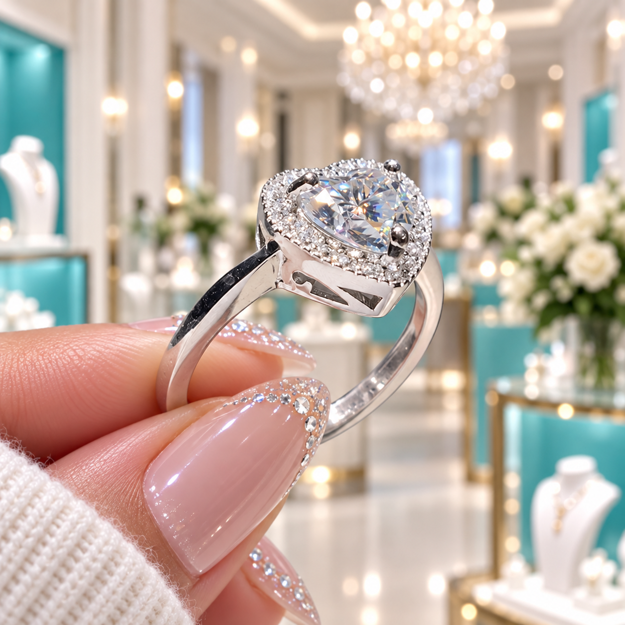 Heart Cut Diamond Option with Halo Engagement Ring in White Gold