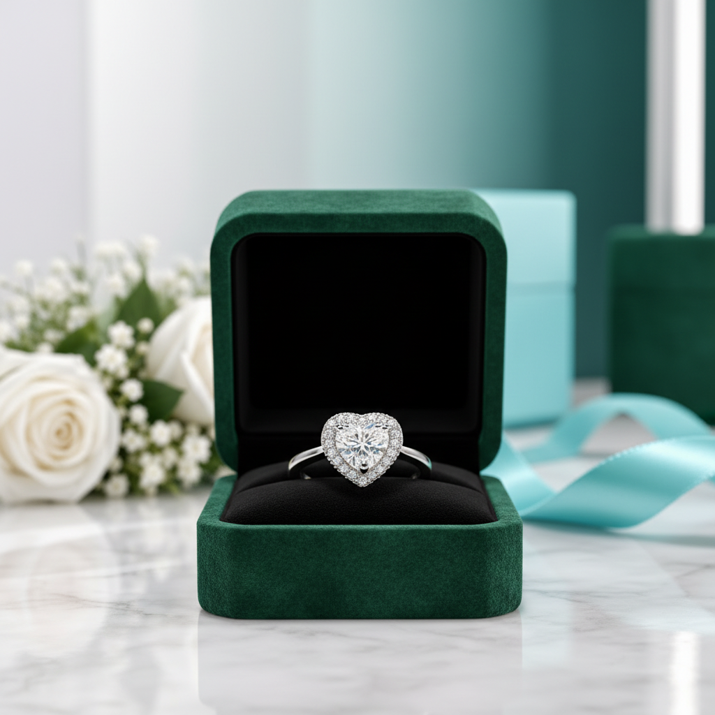 Heart Cut Diamond Option with Halo Engagement Ring in White Gold