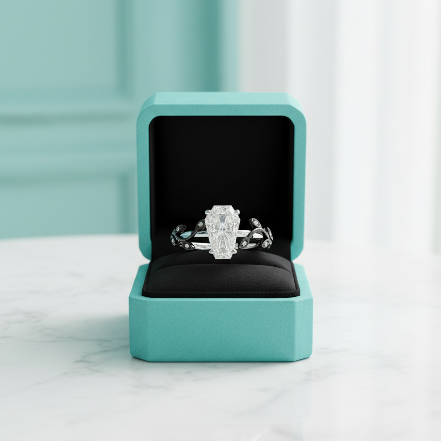 Turquoise jewelry box with a black interior containing a silver ring on a light background