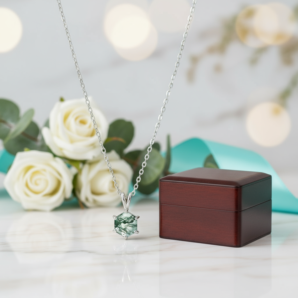 Pure Love- Brilliant Hexagon Cut Natural Moss Agate Pendant Necklace-Evani Jewelry