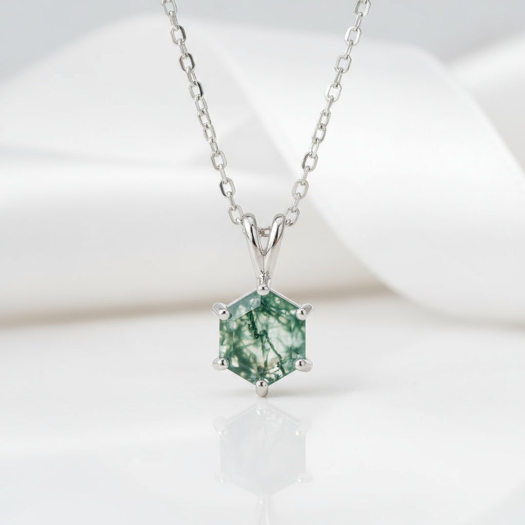 Pure Love- Brilliant Hexagon Cut Natural Moss Agate Pendant Necklace