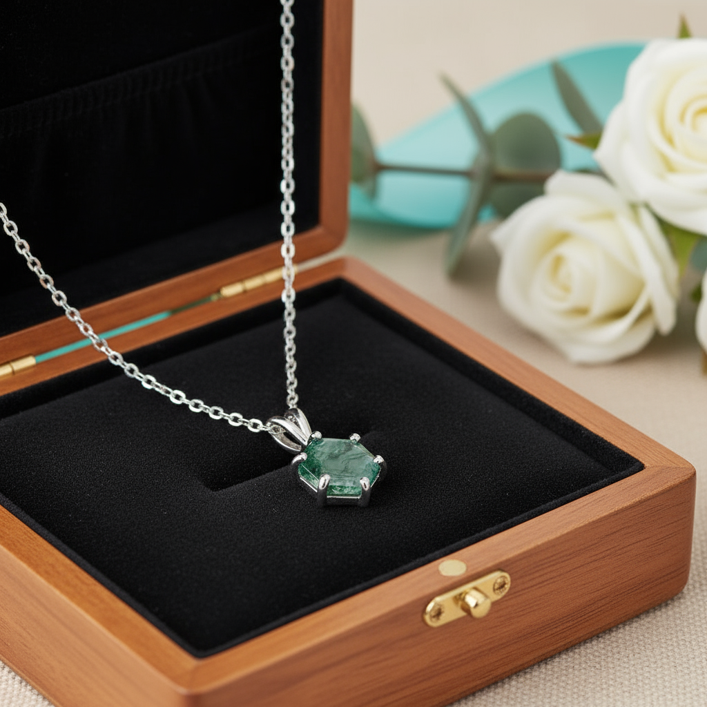 Pure Love- Brilliant Hexagon Cut Natural Moss Agate Pendant Necklace-Evani Jewelry