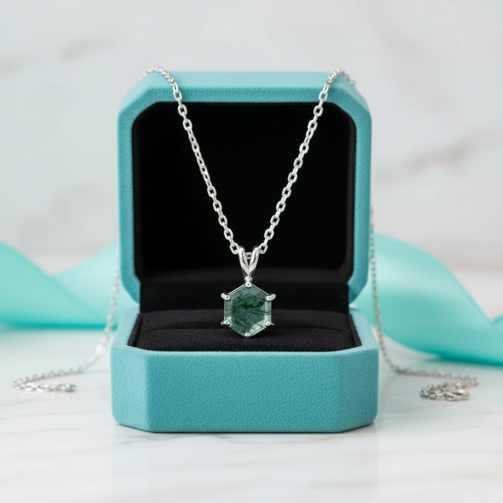 Pure Love- Brilliant Hexagon Cut Natural Moss Agate Pendant Necklace