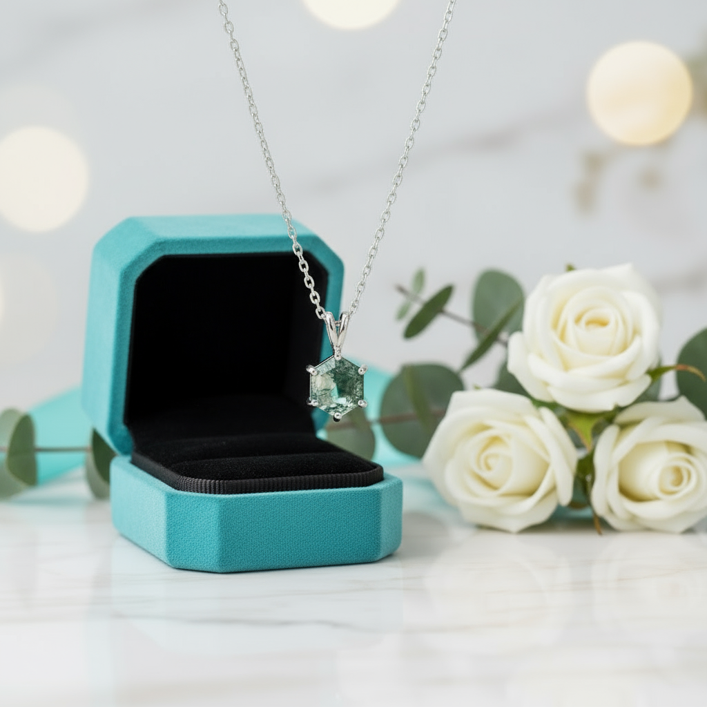 Pure Love- Brilliant Hexagon Cut Natural Moss Agate Pendant Necklace-Evani Jewelry