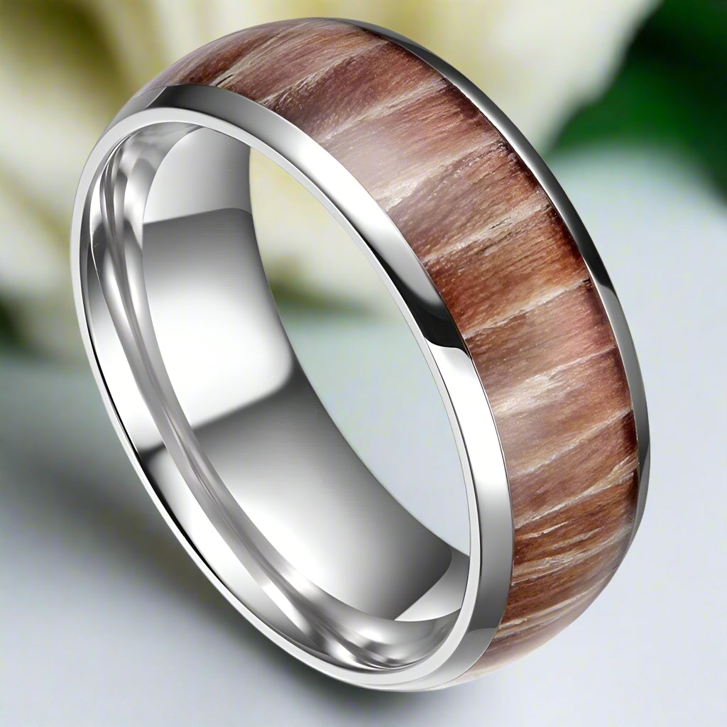 High Polished 8mm Titanium Men's Wedding Band with Wood Inlay-Evani Naomi Jewelry