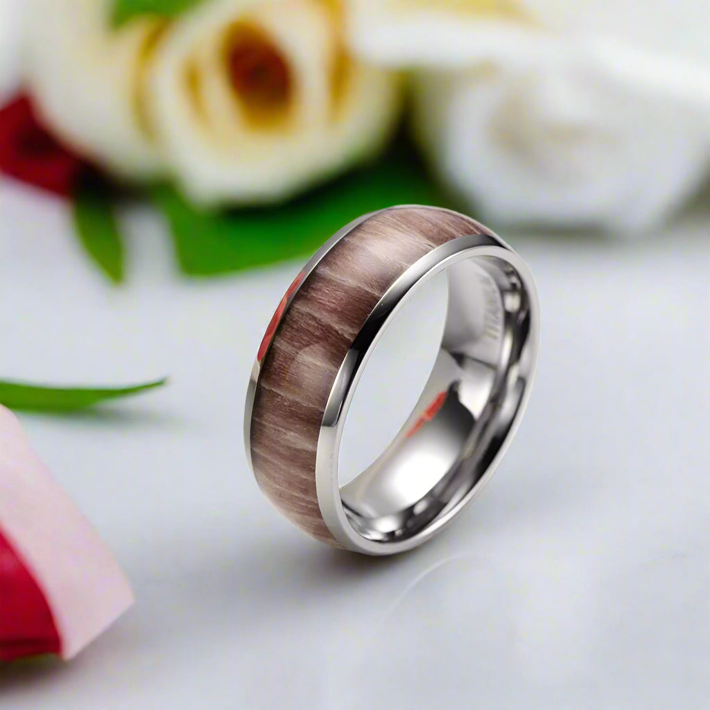 High Polished 8mm Titanium Men's Wedding Band with Wood Inlay-Evani Naomi Jewelry