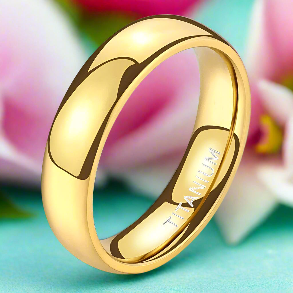 High Polished Domed Unisex Yellow Gold Titanium Wedding Band-Evani Naomi Jewelry