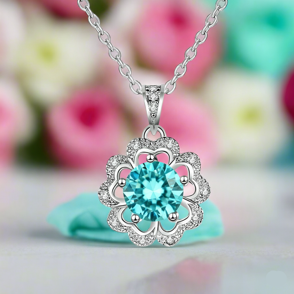 1.0 Ct Turquoise Diamond Flower Shaped Necklace