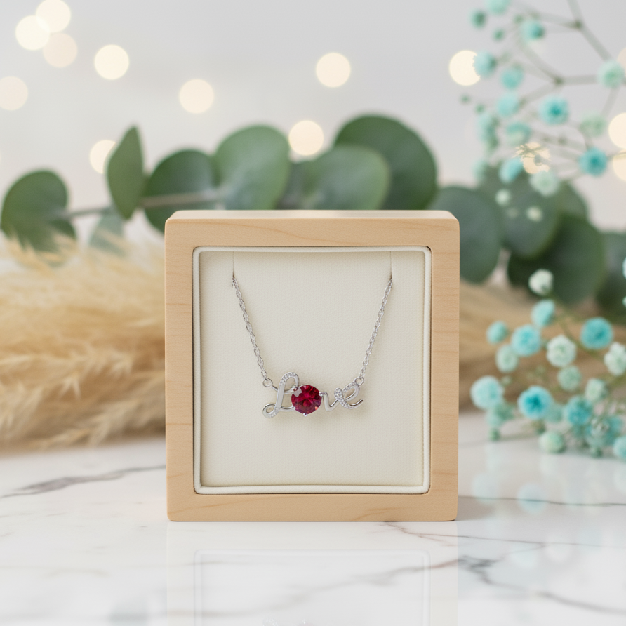 1.0 Ct Round Cut Garnet Diamond Love Necklace