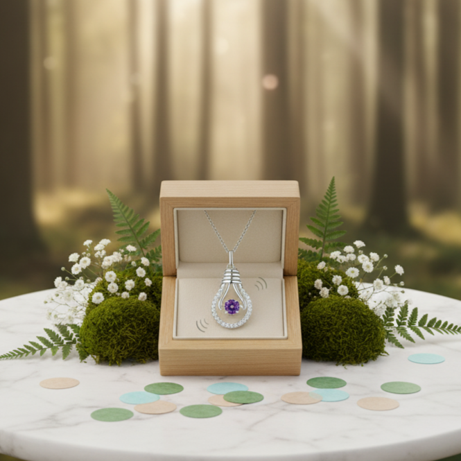 Jewelry box with a necklace on a marble table in a forest setting