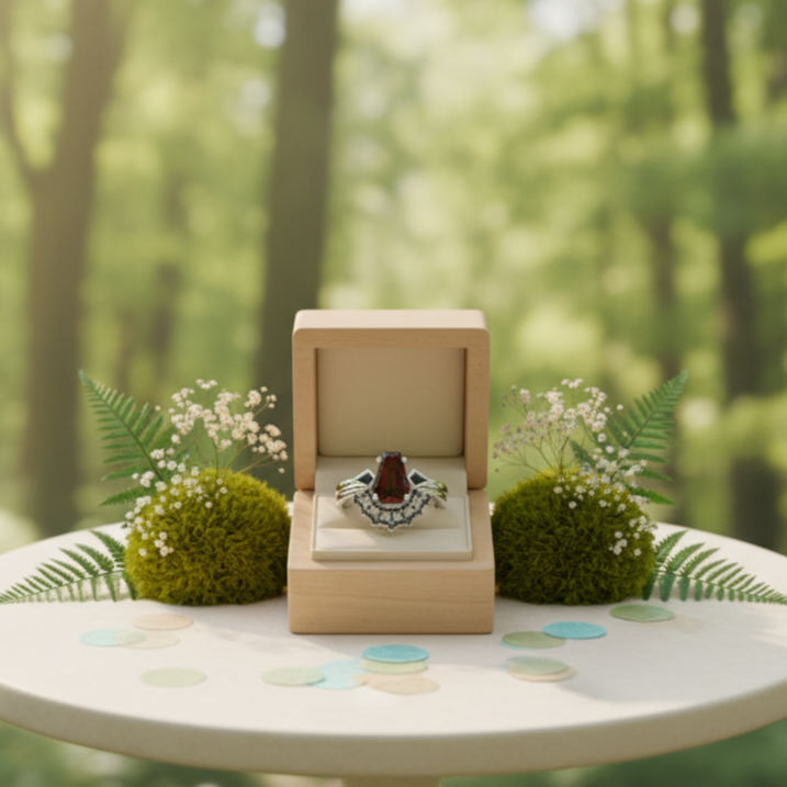 Gothic Spider Web Wedding Ring Set in 14k Gold Garnet Coffin Cut Diamond
