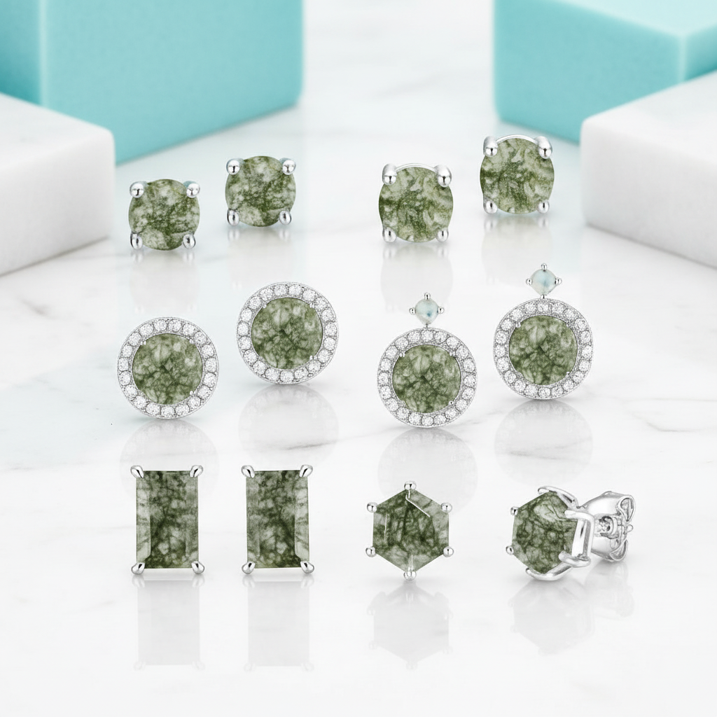 Glimmer of Hope- Emerald Cut Moss Agate & Alexandrite Stud Earrings-Evani Jewelry