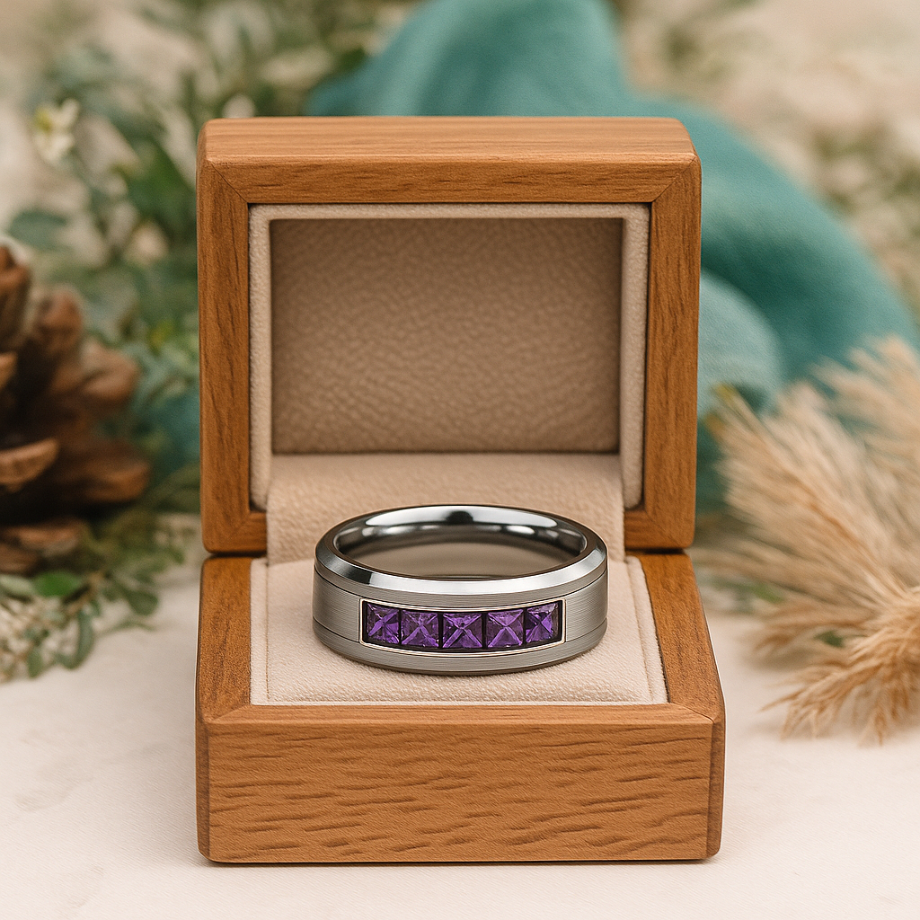 Amethyst 8mm Tungsten Carbide Men's Wedding Band with EVN Diamond Alternative
