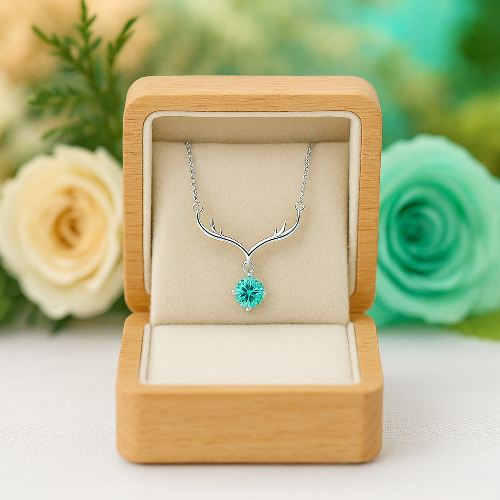 Necklace with a turquoise pendant in an open wooden box against a floral background