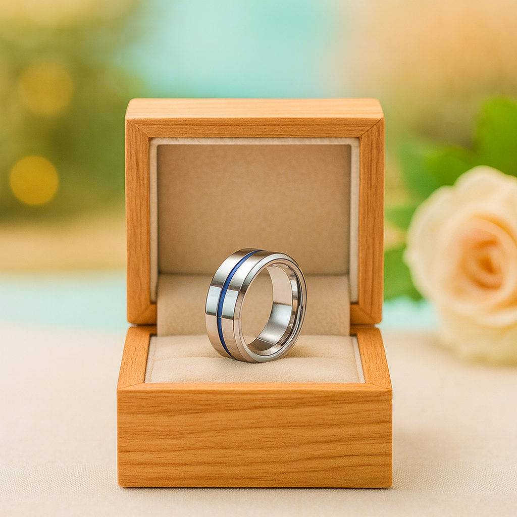 8mm Tungsten Carbide Men's Wedding Band with Thin Blue Line - Evani Naomi Jewelry