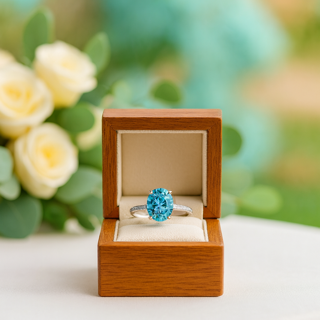 Classic Round Cut 3.5ct Light Aquamarine Blue Engagement Ring - Evani Naomi Jewelry