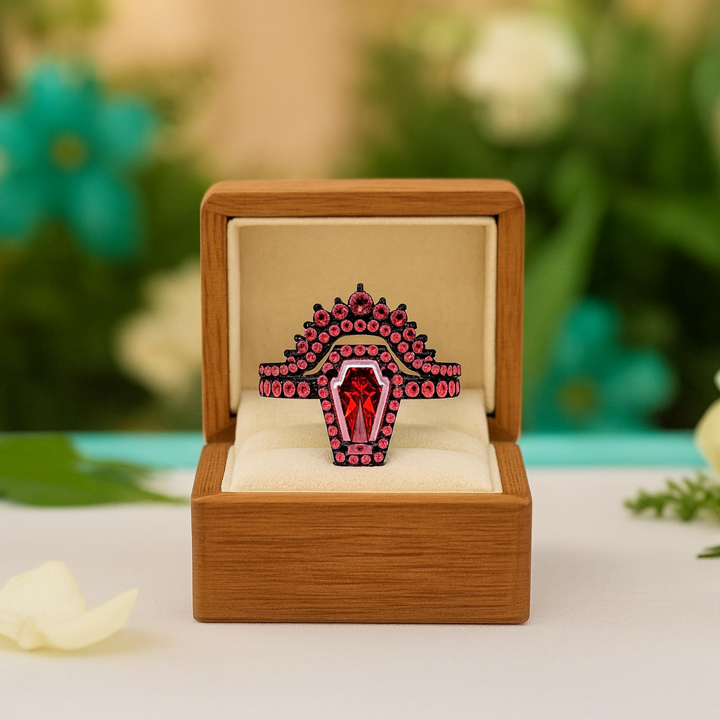 Best Love Gothic Wedding Rings in Rare Coffin Cut Garnet Birthstone - Evani Naomi Jewelry