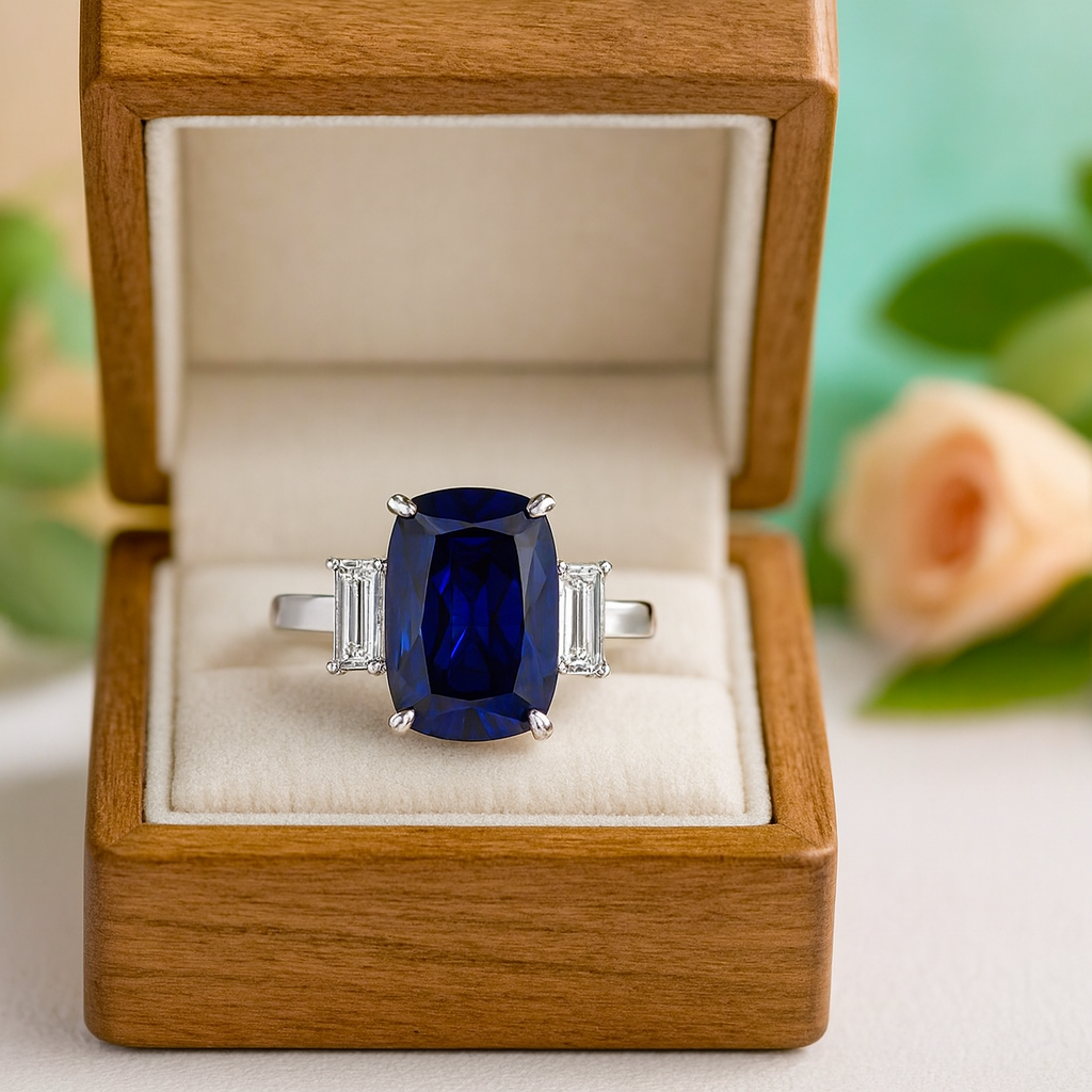 Flash Sale- 5.0 ct Three Stone Cushion Cut Blue Sapphire Engagement Ring