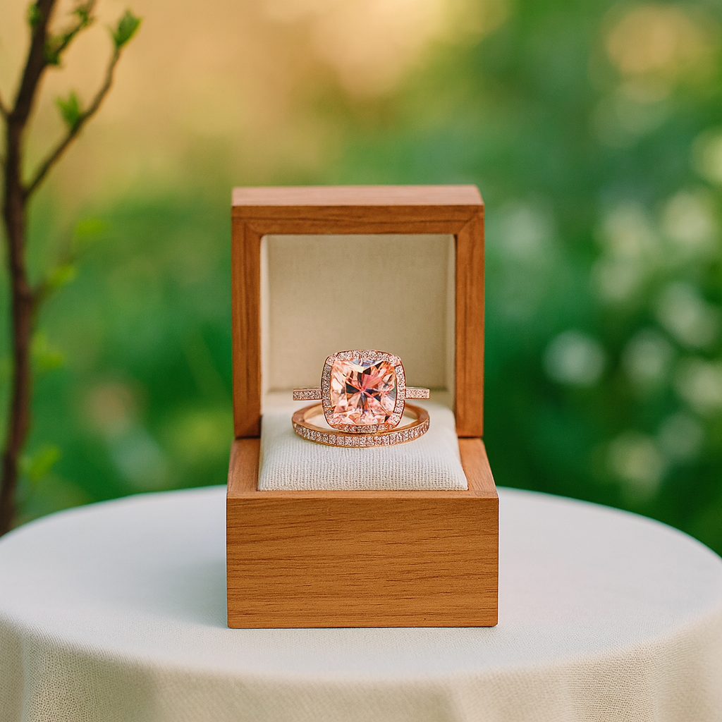 Rose Gold Halo Cushion Cut Peachy Tourmaline Stone Wedding Ring Set