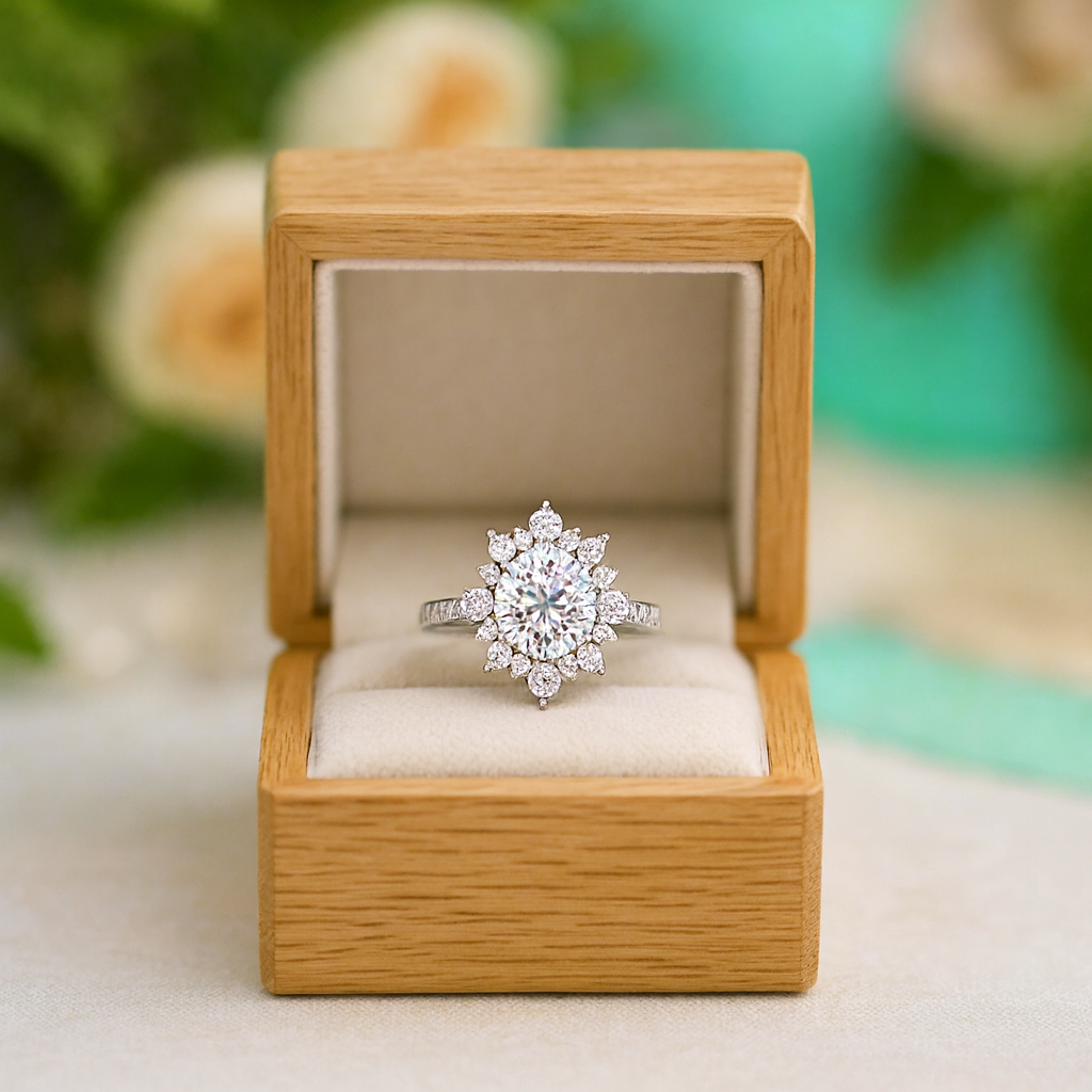 2.0 ct Round Cut Diamond in Snowflake Design Engagement Ring with Halo