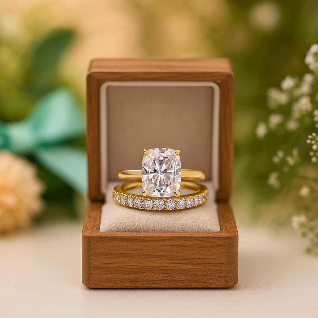 Classic Cushion Cut 3.0ct Diamond 4 Prong Yellow Gold Bridal Set
