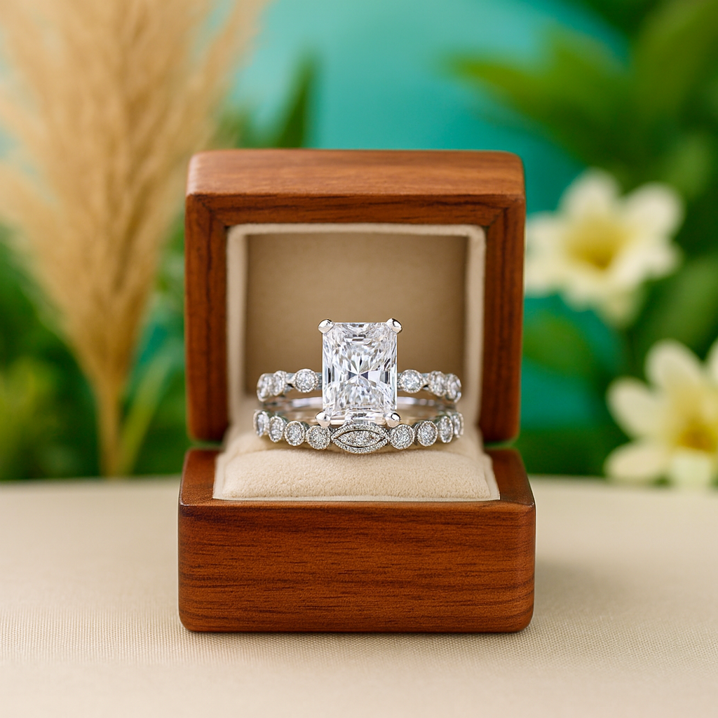 Radiant Cut Diamond Vintage Style White Gold Bridal Set