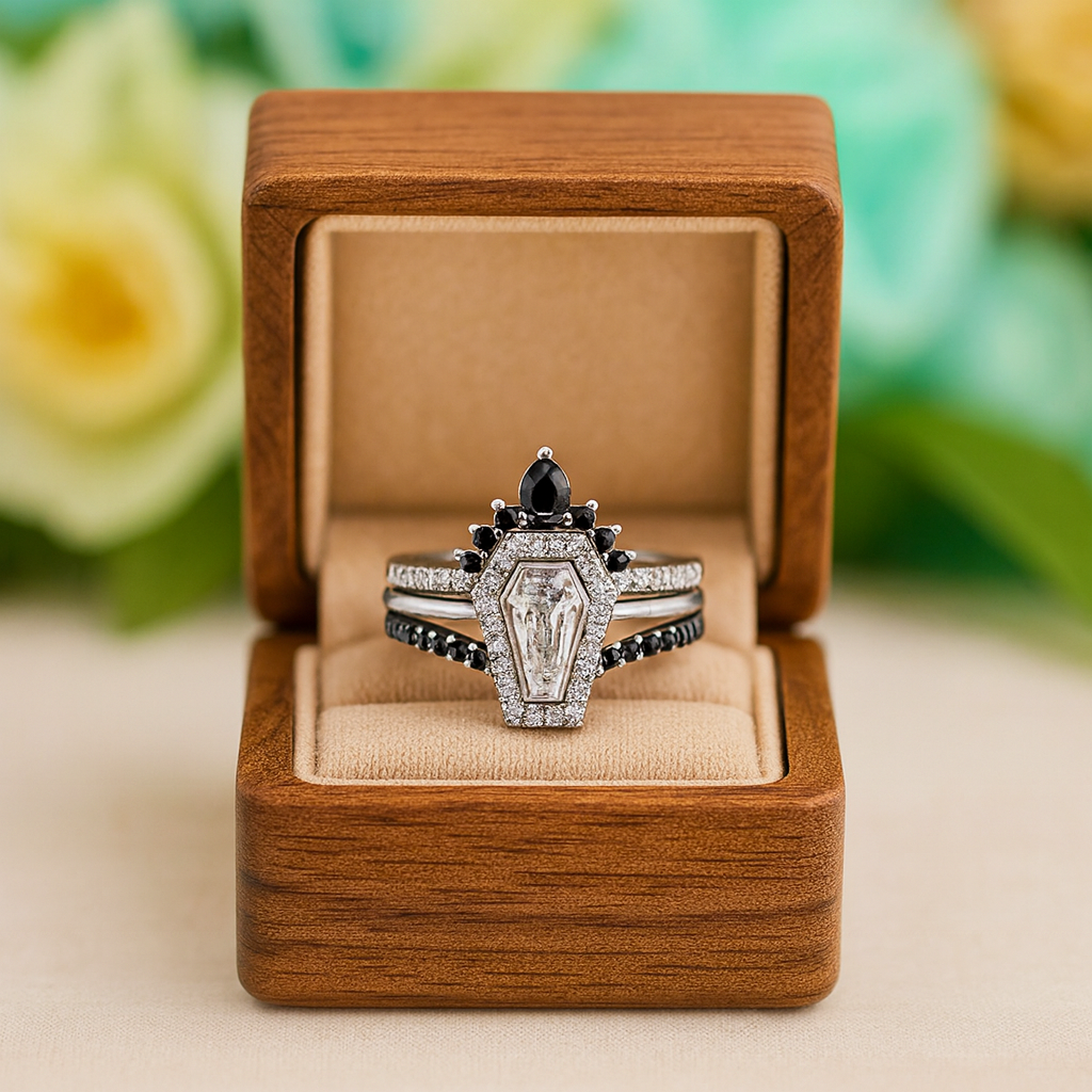 Wedding Rings in Bezeled Rare Coffin-cut Diamond