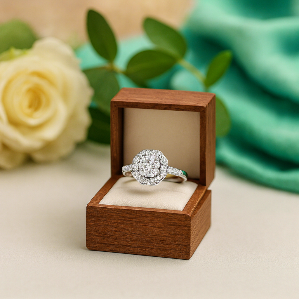 14k White Gold Round Cut Halo Diamond Birthstone Engagement Ring