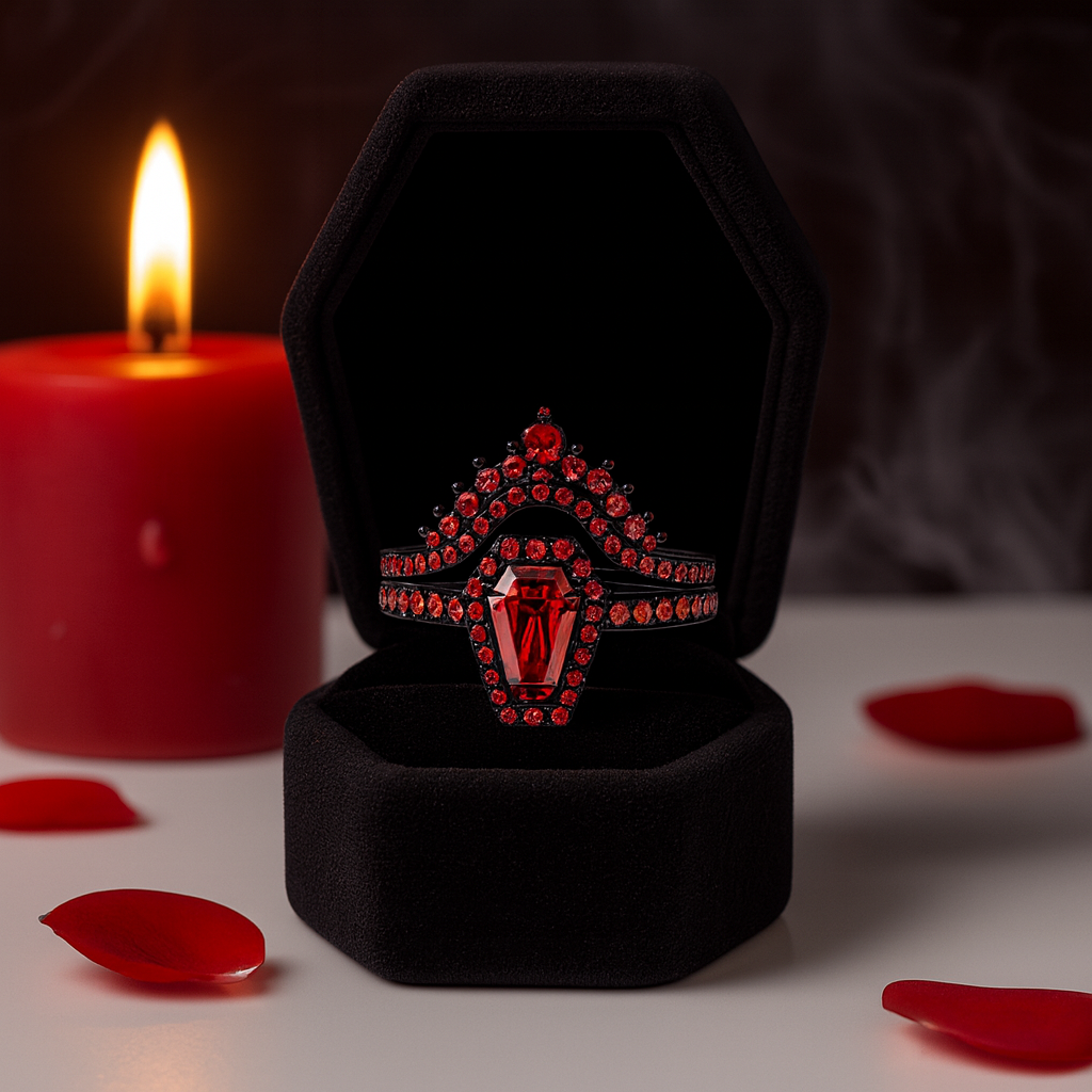 Best Love Gothic Wedding Rings in Ruby Coffin Cut Diamond - Evani Naomi Jewelry