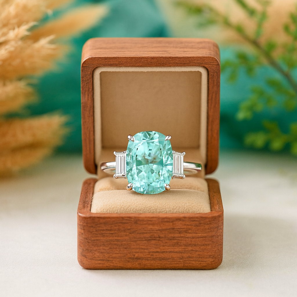 Aquamarine 5.0ct Cushion Cut Three Stone Engagement Ring - Evani Naomi Jewelry