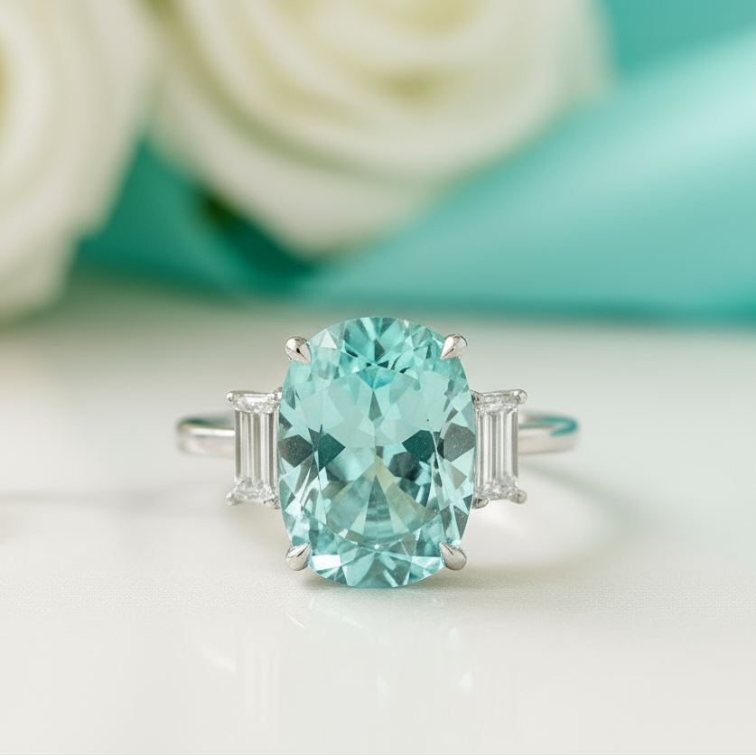 5.0ct Cushion Cut Three Stone Aquamarine Engagement Ring - Evani Naomi Jewelry