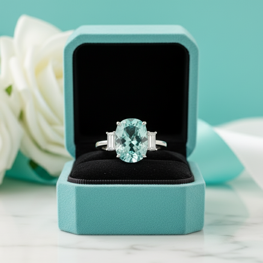 5.0ct Cushion Cut Three Stone Aquamarine Engagement Ring-Evani Jewelry