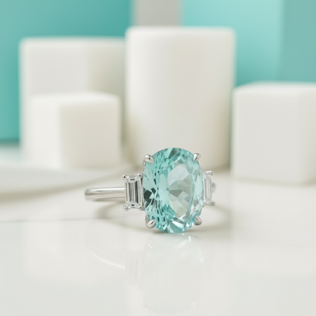 5.0ct Cushion Cut Three Stone Aquamarine Engagement Ring-Evani Jewelry