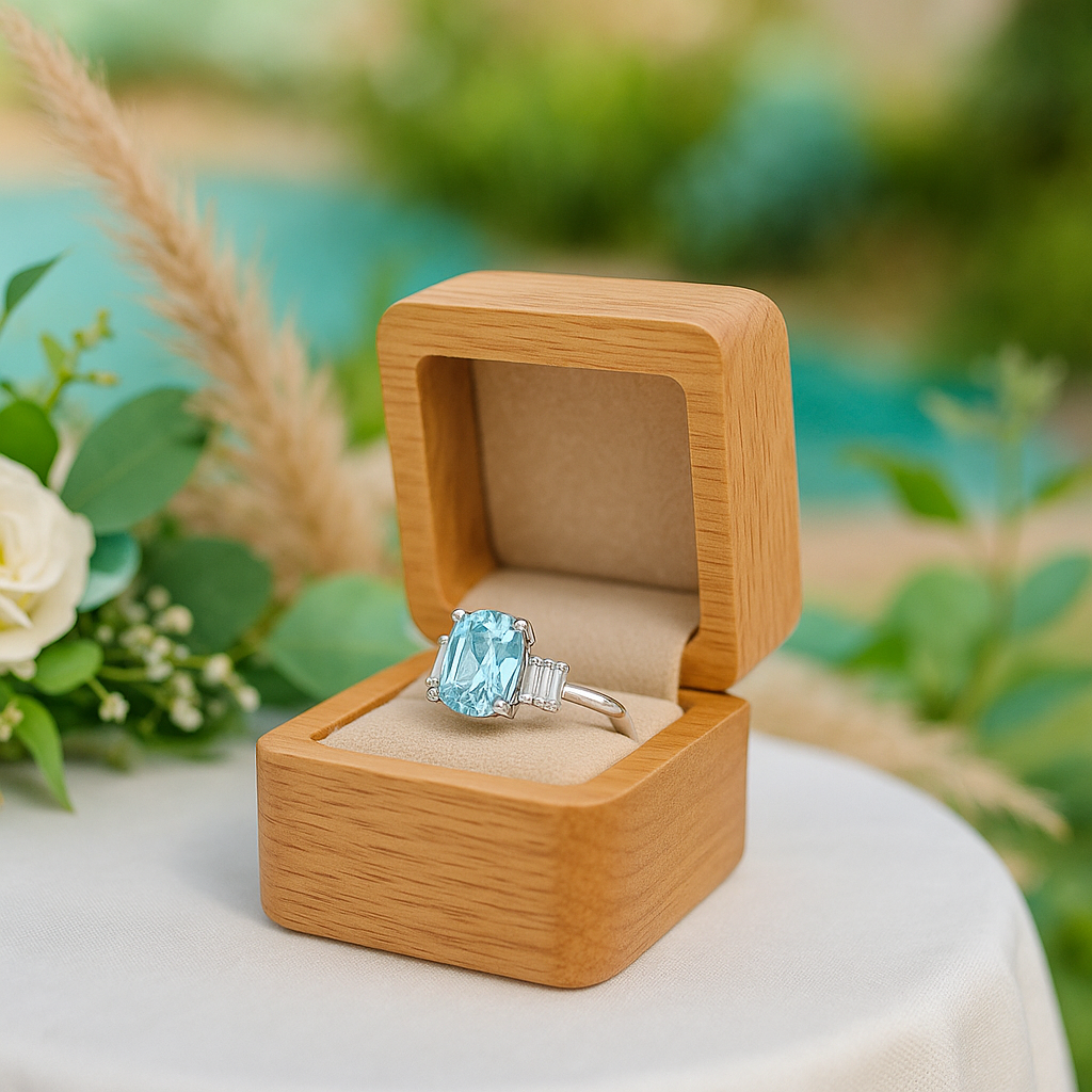Aquamarine 5.0ct Cushion Cut Three Stone Engagement Ring - Evani Naomi Jewelry