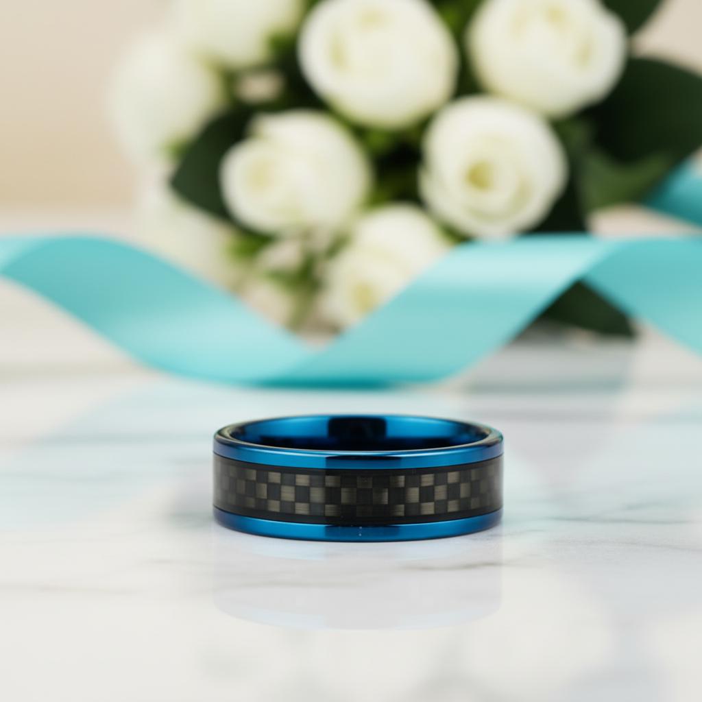 Blue Tungsten Unisex Wedding Band with Black Carbon Fiber Inlay-Evani Jewelry