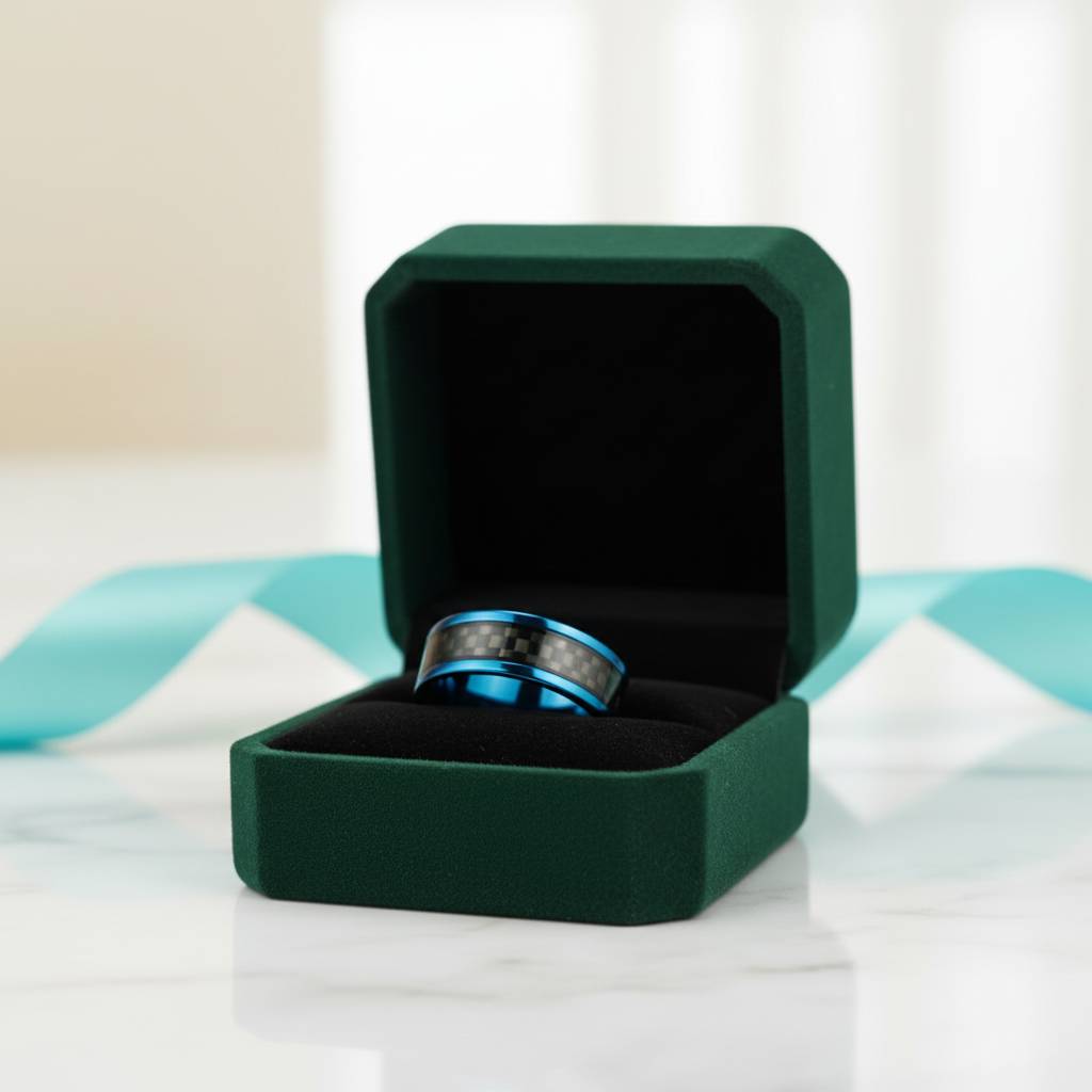 Blue Tungsten Unisex Wedding Band with Black Carbon Fiber Inlay - Evani Naomi Jewelry